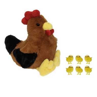 Pluche bruine kippen/hanen knuffel van 25 cm met 6x stuks mini kuikentjes 3,5 cm