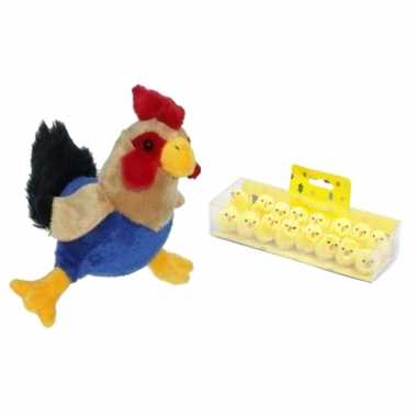 Pluche kippen/hanen knuffel van 20 cm met 16x stuks mini kuikentjes 3,5 cm