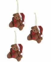 3x stuks kersthangers knuffelbeertjes bruin met rode sjaal en muts 7 cm