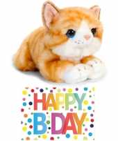 Cadeau setje pluche rood witte kat poes knuffel 32 cm met happy birthday wenskaart