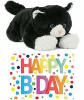 Cadeau setje pluche zwart witte kat poes knuffel 25 cm met happy birthday wenskaart 10250962