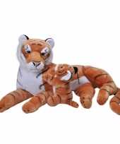 Grote pluche gestreepte tijger met welpje knuffel 76 cm speelgoe