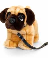 Keel toys pluche bruine mopshond met riem honden knuffel 30 cm