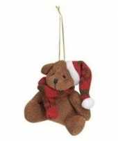Kersthangers knuffelbeertjes bruin met rode sjaal en muts 7 cm