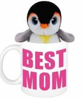 Moederdag best mom mok met knuffel pinguin